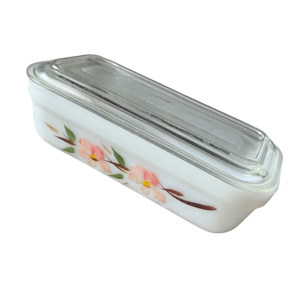 Vintage Fire-King Peach Blossom Milk Glass Refrigerator Dish with Clear Lid!